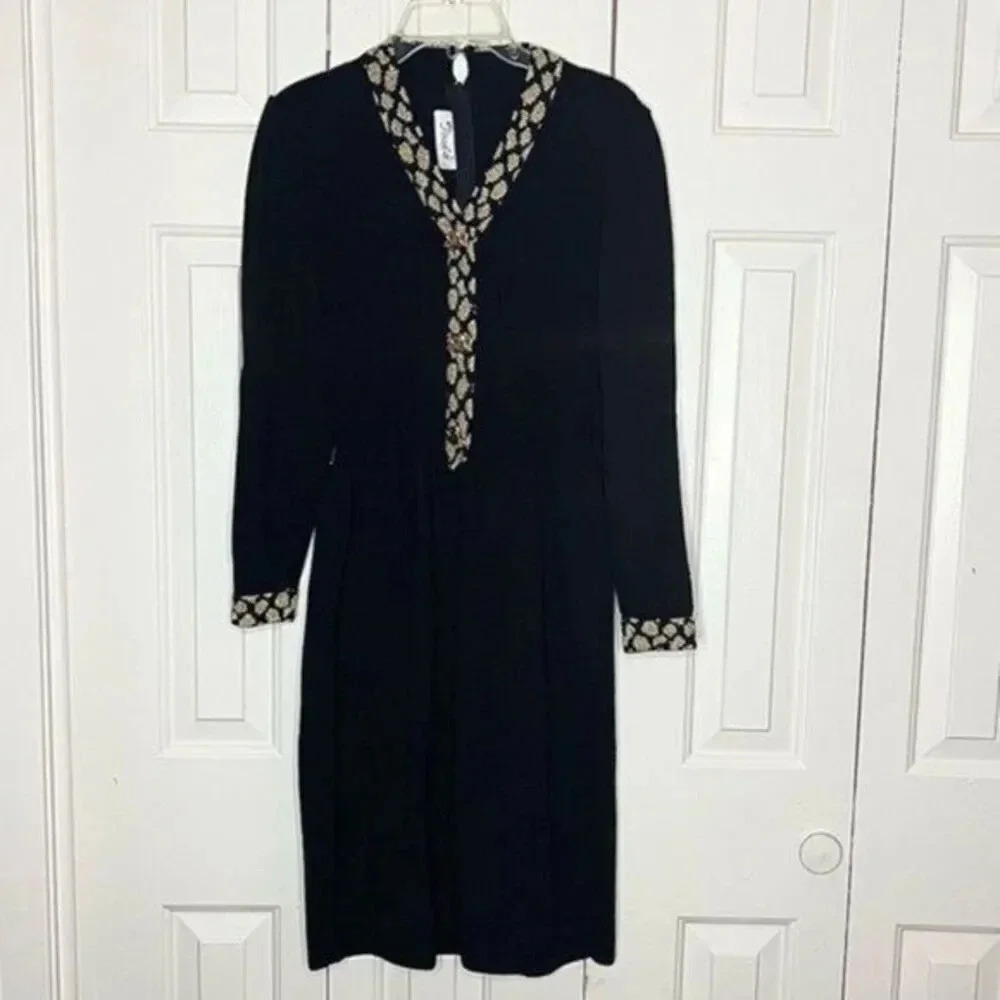 Toula Black and Gold Knit Sweater Dress Tiger Head Buttons